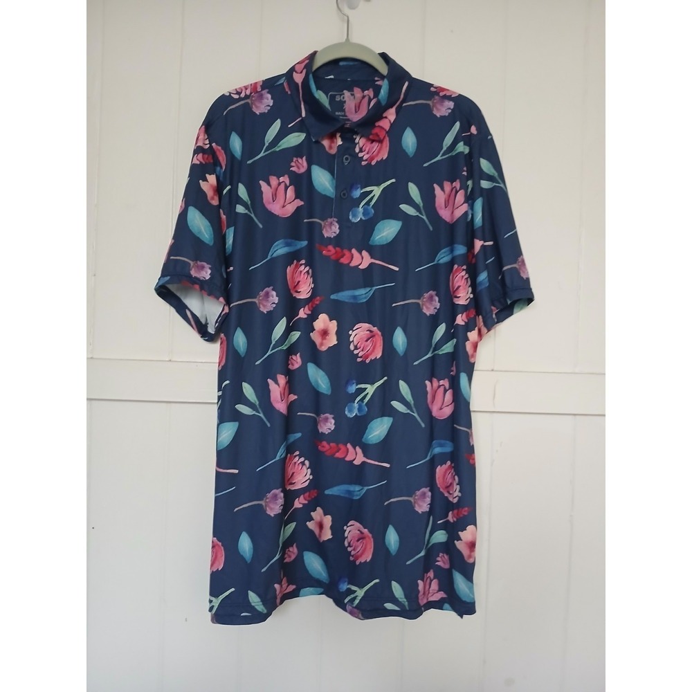 Sosik Golf Polo Shirt‎ Mens XL Navy Blue Floral Short Sleeve Stretch Performance